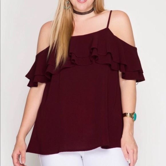 Ruffled Cold Shoulder Top - Picture 1 of 2